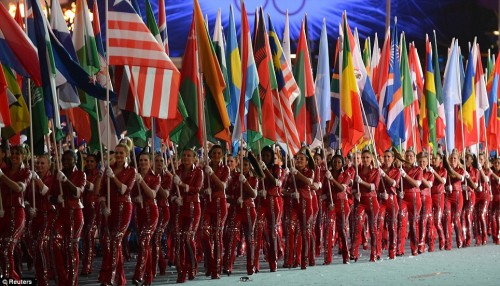 Hot babes holding flags -- yep, it's time for the Olympics!